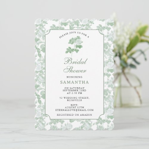 Green Floral Roses Chinoiserie Bridal Shower  Invitation