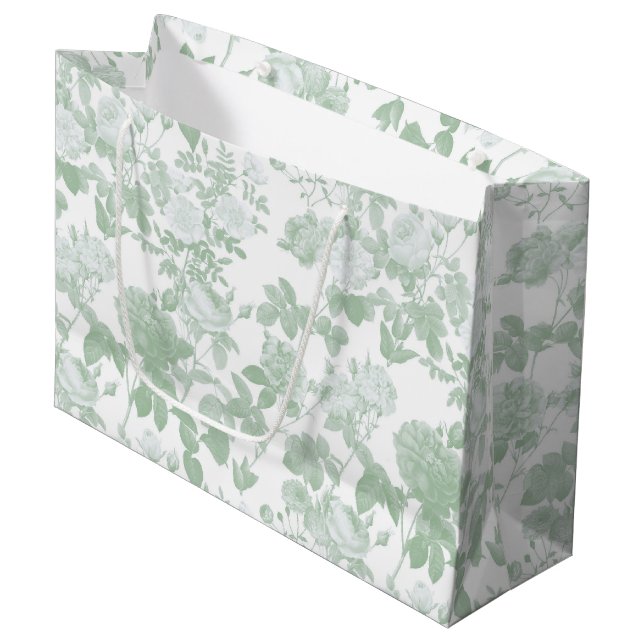 Green Floral Roses French Chinoiserie Pattern Large Gift Bag (Front Angled)