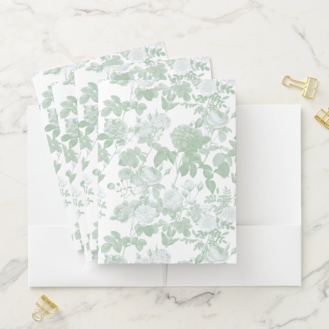 Green Floral Roses French Chinoiserie Pattern Pocket Folder (In Situ)