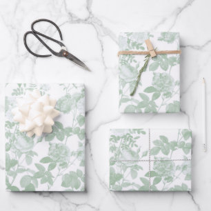 Green Floral Roses French Chinoiserie Pattern Wrapping Paper Sheets