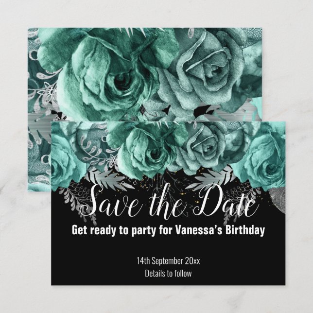 GREEN FLORAL SAVE THE DATE BLACK RSVP CARD (Front/Back)