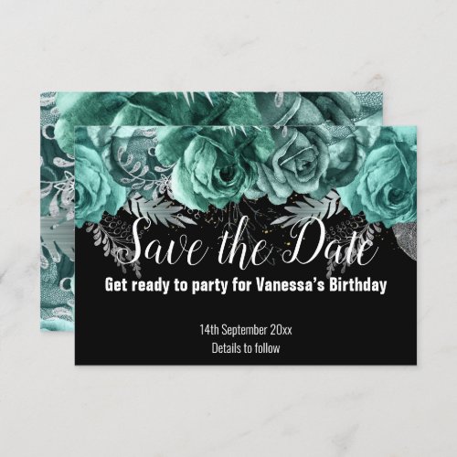 GREEN FLORAL SAVE THE DATE BLACK RSVP CARD