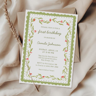 Green Floral Scalloped Frame Birthday Invitation