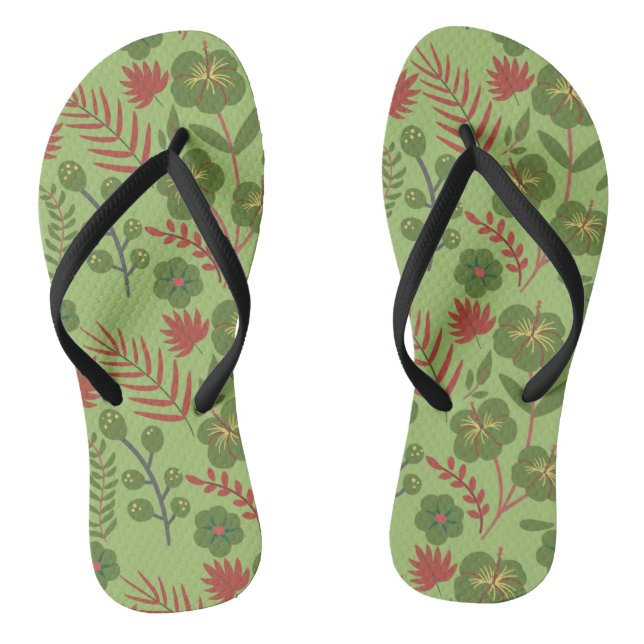 Green floral seamless pattern flower, branch, leaf flip flops (Footbed)