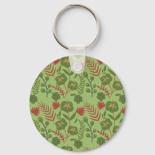 Green floral seamless pattern flower, branch, leaf keychain (Front)