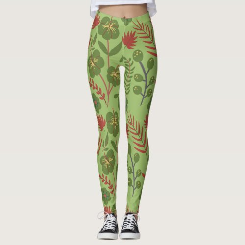 Green floral seamless pattern flower branch leaf leggings