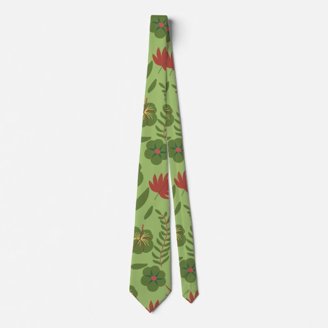 Green floral seamless pattern flower, branch, leaf neck tie (Front)