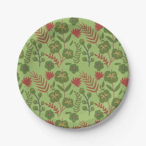 Green floral seamless pattern flower branch leaf paper plates