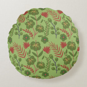 Green floral seamless pattern flower, branch, leaf round pillow
