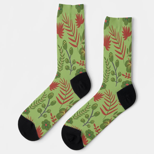 Green floral seamless pattern flower, branch, leaf socks (Left)