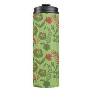 Green floral seamless pattern flower, branch, leaf thermal tumbler