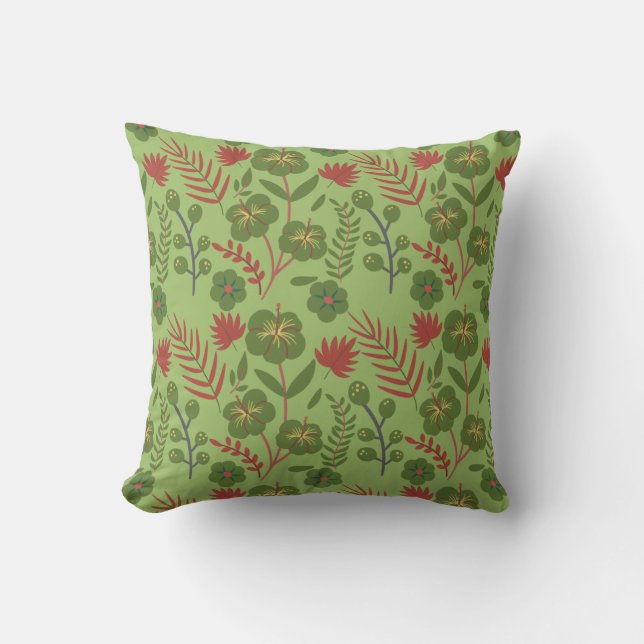 Green floral seamless pattern flower, branch, leaf throw pillow (Front)