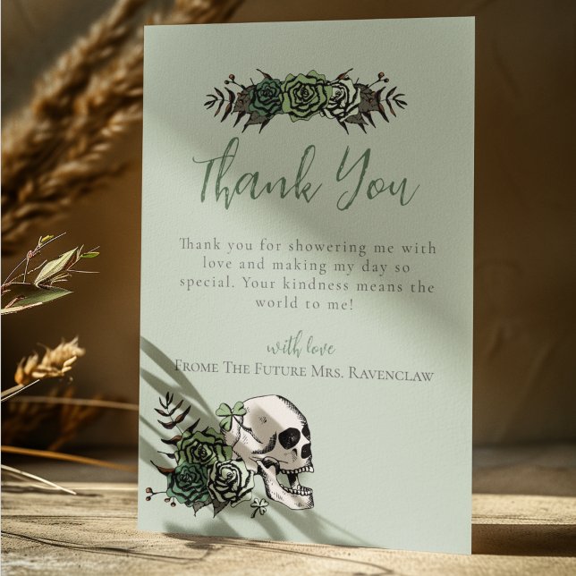 Green Floral Skull and Roses Irish Bridal Shower Thank You Card (Elegant Irish Gothic Thank You Card for Bridal Shower or St. Patrick's Day. Hand Drawn Skull & Roses)