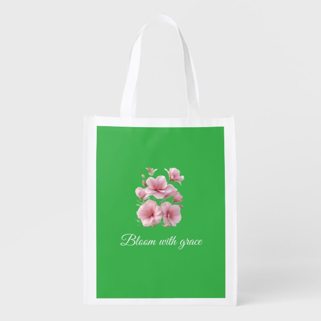Green Floral Soft Pink Flowers Elegant Grocery Bag (Front)
