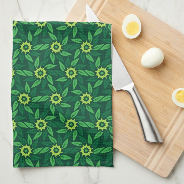 Green Floral Spiral Kitchen Towel (Quarter Fold)