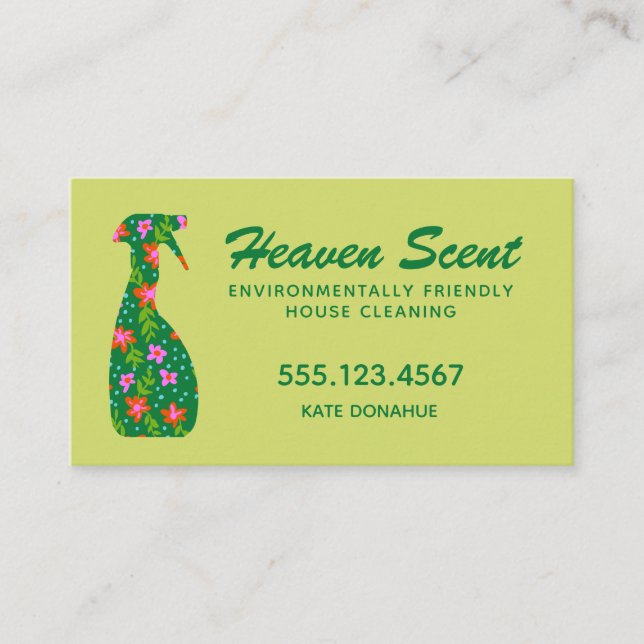 Green Floral Spray Bottle House Cleaner Business C Business Card (Front)
