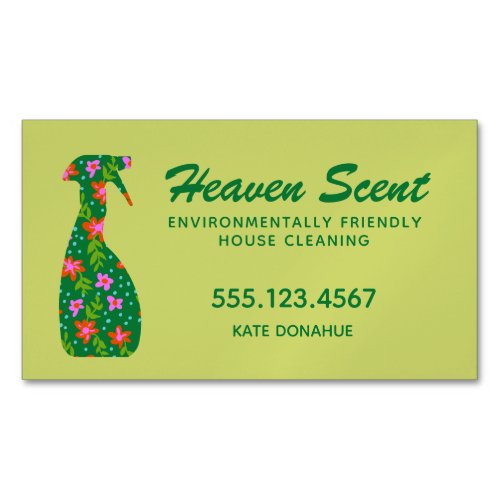 Green Floral Spray Bottle House Cleaner Business C Business Card Magnet