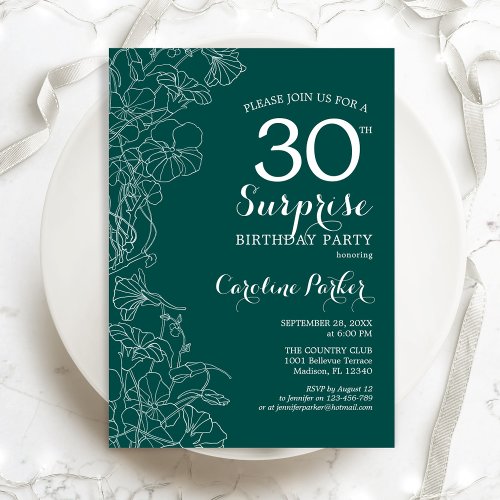 Green Floral Surprise 30th Birthday Party Invitation