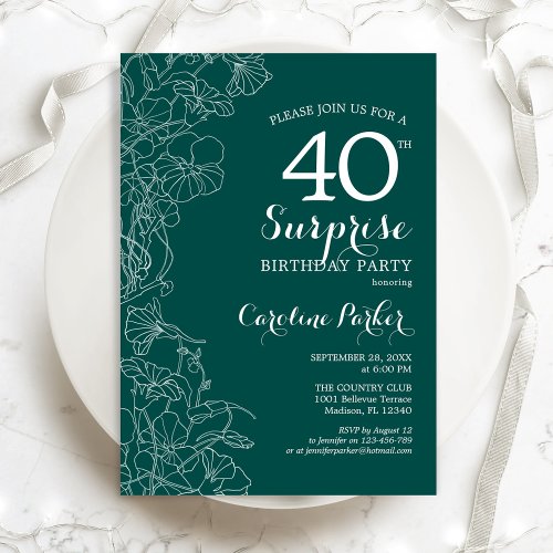 Green Floral Surprise 40th Birthday Party Invitation