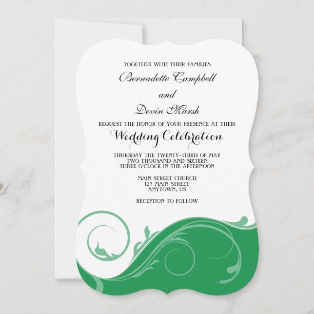 Green Floral Swirl Bracket Wedding Invites (Front)