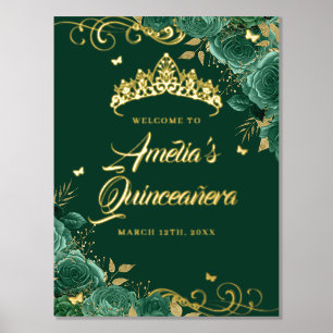 Green Floral Swirl Quinceanera Welcome Sign Gold