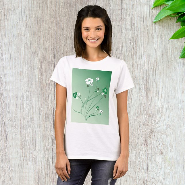 Green Floral Swirls and White Blossoms T-Shirt (Creator Uploaded)