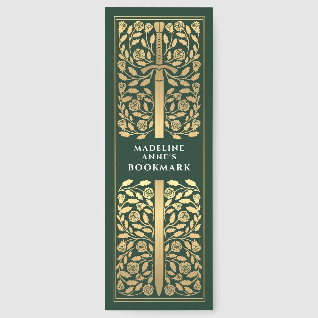 Green Floral Sword Medieval Fantasy Name Bookmarks (Front)