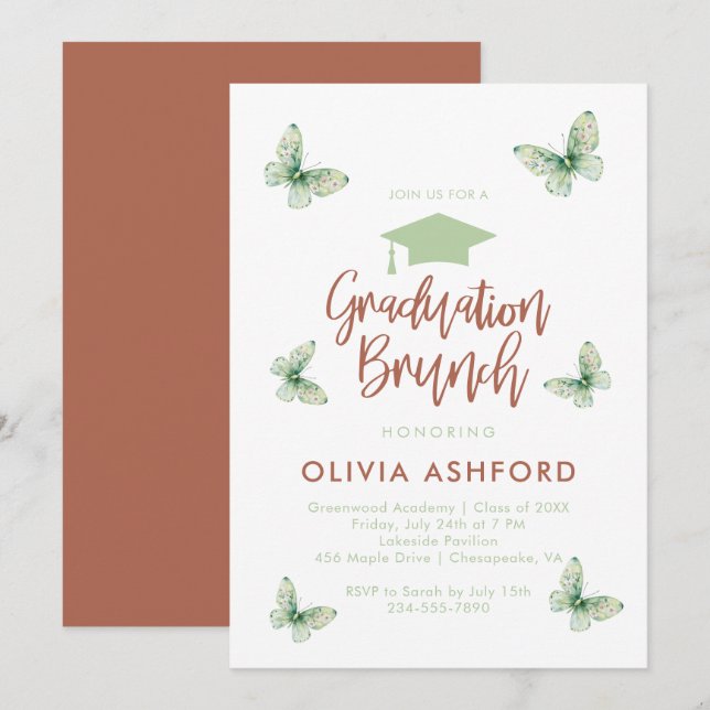 Green Floral Trendy Brunch graduation Invitation (Front/Back)