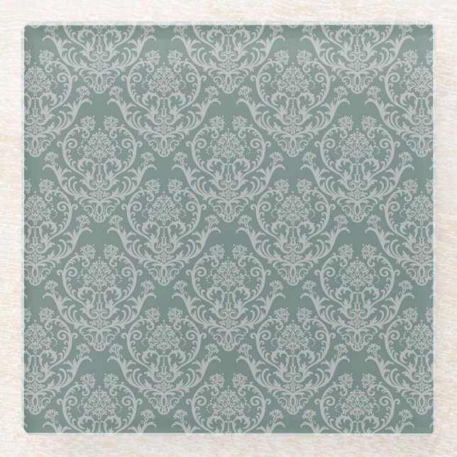 Green floral wallpaper glass coaster (Front)