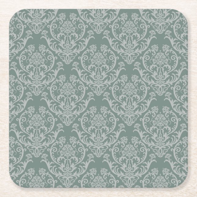 Green floral wallpaper square paper coaster (Front)