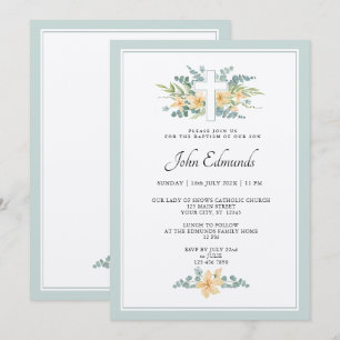 Green Floral Watercolor Baptism Invitation