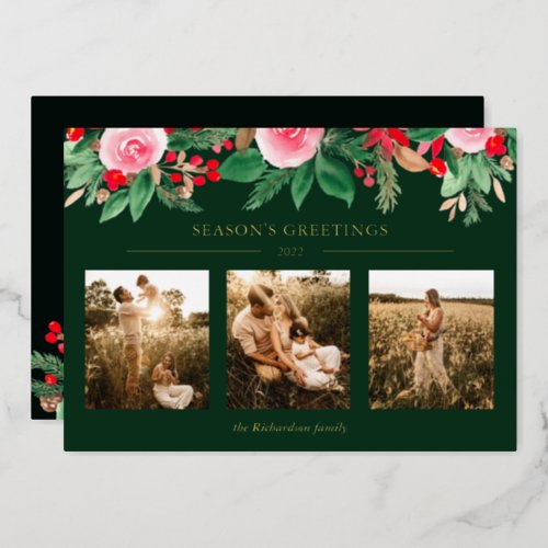 Green floral watercolor Christmas 3 photos Foil Holiday Card