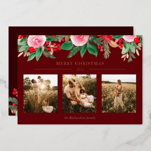Green floral watercolor Christmas 3 photos red Foil Holiday Card
