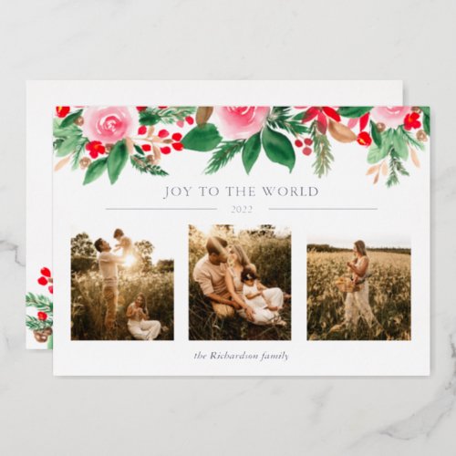 Green floral watercolor Christmas 3 photos white Foil Holiday Card
