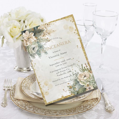 Green Floral Watercolor Gold Rustic Quinceaera Invitation