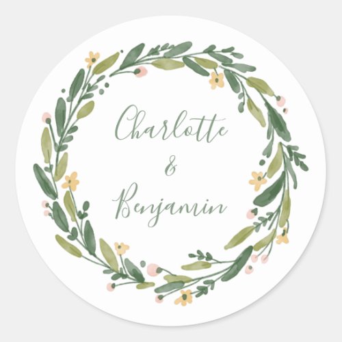 Green Floral Watercolor Greenery Custom Wedding  Classic Round Sticker - Personalized wedding stickers with names in a script calligraphy inside of a green, yellow, and pink painted watercolor botanical wreath.