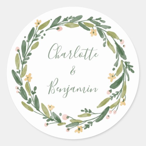 Green Floral Watercolor Greenery Custom Wedding  Classic Round Sticker - Personalized wedding stickers with names in a script calligraphy inside of a green, yellow, and pink painted watercolor botanical wreath.