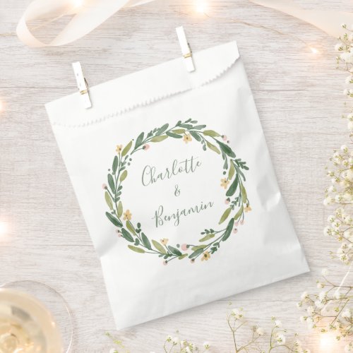 Green Floral Watercolor Greenery Custom Wedding Favor Bag - Personalized wedding favor bag with names in a script calligraphy inside of a green, yellow, and pink painted watercolor botanical wreath.