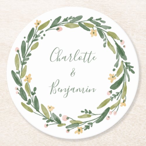 Green Floral Watercolor Greenery Custom Wedding  Round Paper Coaster - Personalized wedding coasters with names in a script calligraphy inside of a green, yellow, and pink painted watercolor botanical wreath.