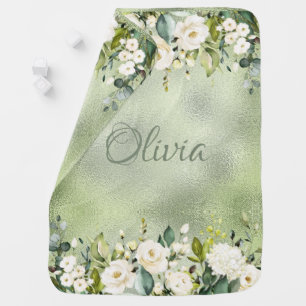Green Floral Watercolor Metallic Name Baby Girl Baby Blanket