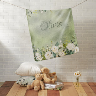Green Floral Watercolor Metallic Name Baby Girl Blanket
