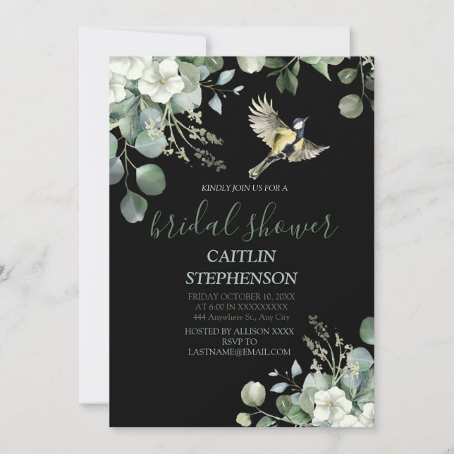 Green Floral Watercolor with Bird  Invitation (Front)