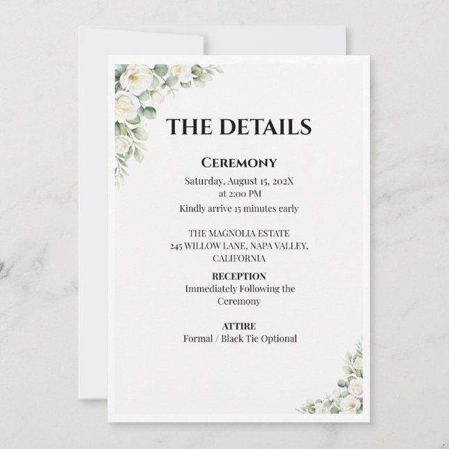 Green Floral Wedding Details Card (Front)