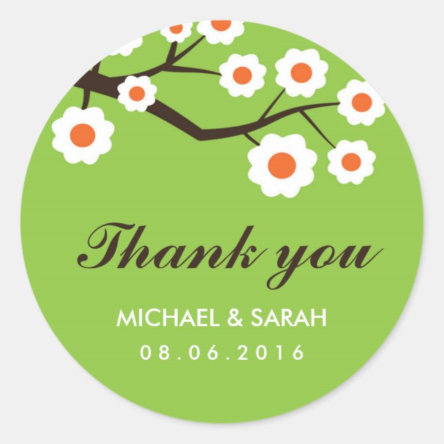 Green Floral Wedding Favor Thank You Sticker (Front)