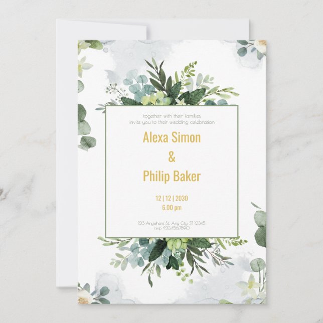 Green Floral Wedding  Invitation (Front)