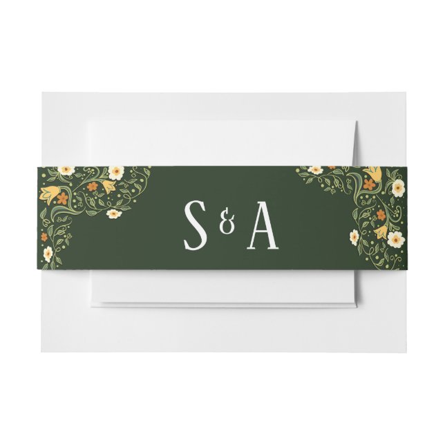 Green Floral Wedding Invitation Belly Band (Front Example)