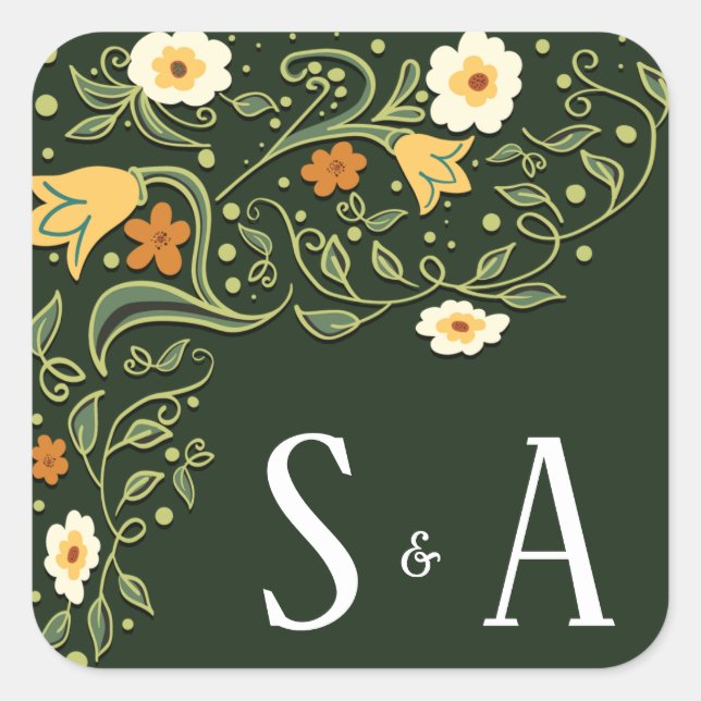 Green Floral Wedding Square Sticker (Front)