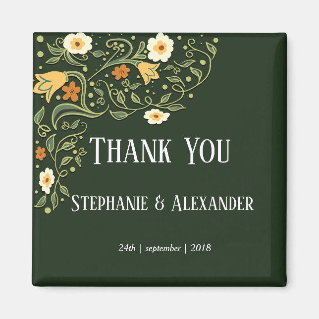 Green Floral Wedding Thank You Magnet (Front)