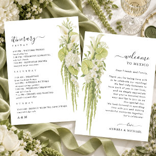 Green Floral Wedding Welcome Letter Itinerary Card
