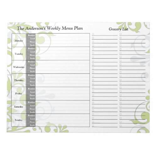 Green Floral Weekly Personalized Menu Plan Notepad